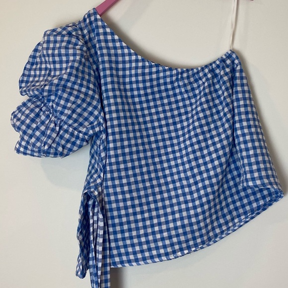 EEUC ROMWE One Shoulder Puff Sleeve Gingham Top - Picture 4 of 13